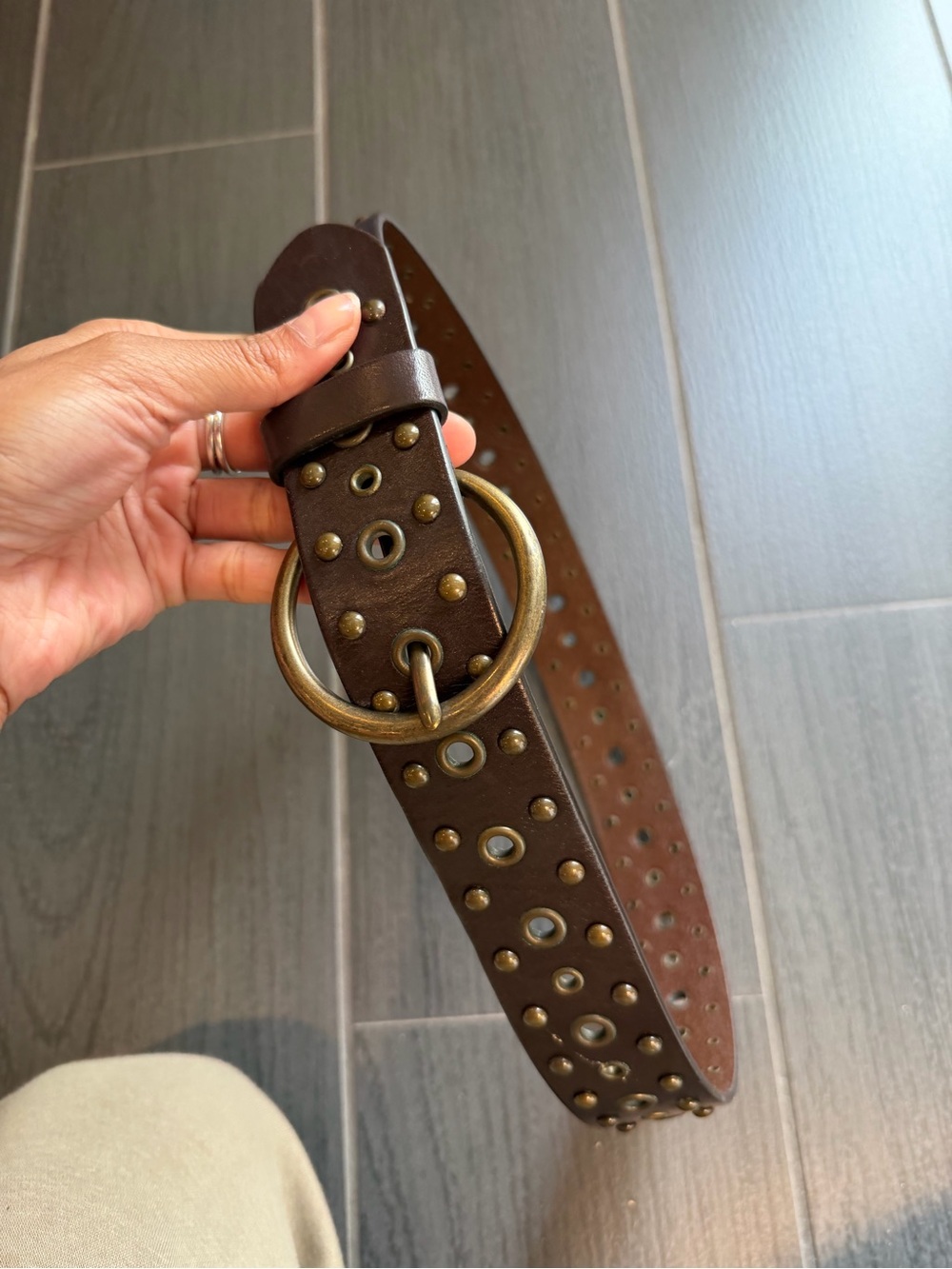Brown Studded Leather Belt with Brass Ring Buckle